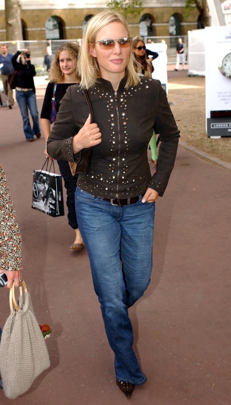 Zara Phillips, wearing a studded brown jacket and jeans, leaves the Betty Jackson during London Fashion Week on September 22, 2003. Getty Images 