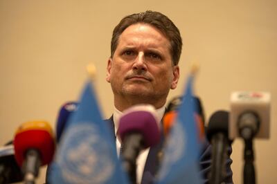 epa07653630 Commissioner-General of the United Nations Relief and Works Agency for Palestine Refugees in the Near East (UNRWA) Pierre Krahenbuhl looks on during a press conference, at the Dead Sea, near Amman, Jordan, 17 June 2019. The Palestinian Affairs Department on 16 June hosted a coordination meeting for Arab countries hosting Palestinian refugees with the participation of delegations from Syria, Lebanon, Palestine, Egypt and the Arab League.  EPA/ANDRE PAIN
