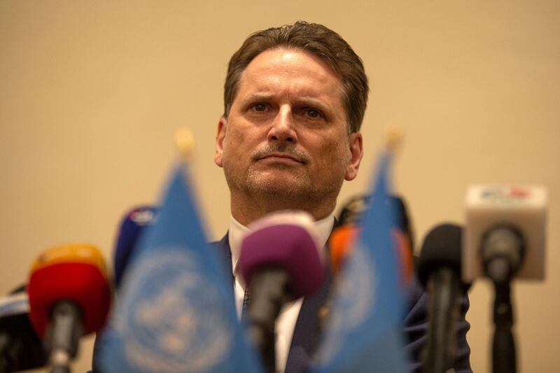 epa07653630 Commissioner-General of the United Nations Relief and Works Agency for Palestine Refugees in the Near East (UNRWA) Pierre Krahenbuhl looks on during a press conference, at the Dead Sea, near Amman, Jordan, 17 June 2019. The Palestinian Affairs Department on 16 June hosted a coordination meeting for Arab countries hosting Palestinian refugees with the participation of delegations from Syria, Lebanon, Palestine, Egypt and the Arab League.  EPA/ANDRE PAIN