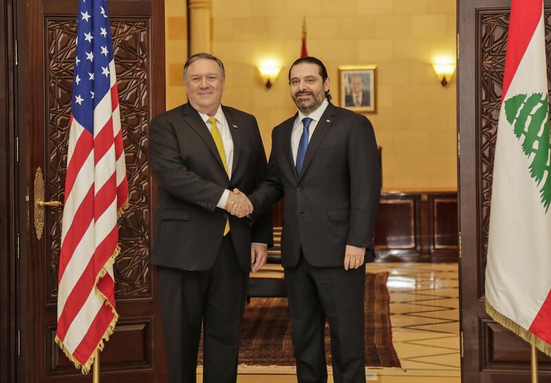 US Secretary of State Mike Pompeo, left, shakes hands with Lebanon's Prime Minister Saad Hariri in Beirut. AFP