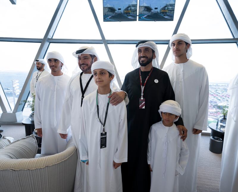 From right, Sheikh Mohamed bin Mansour bin Zayed Al Nahyan, Sheikh Mohamed bin Nahyan bin Zayed Al Nahyan,  Sheikh Nahyan bin Zayed Al Nahyan, chairman of the board of trustees at the Zayed bin Sultan Al Nahyan Charitable and Humanitarian Foundation, Sheikh Hamdan bin Mansour bin Zayed Al Nahyan, Sheikh Hamdan bin Mubarak Al Nahyan, and Sheikh Zayed bin Nahyan bin Zayed Al Nahyan. Photo: Rashed Al Mansoori /  UAE Presidential Court