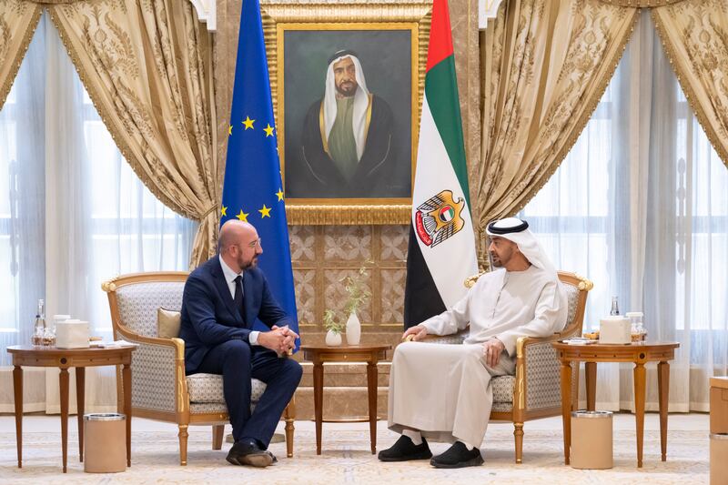 Sheikh Mohamed  and Charles Michel at Qasr Al Watan.
