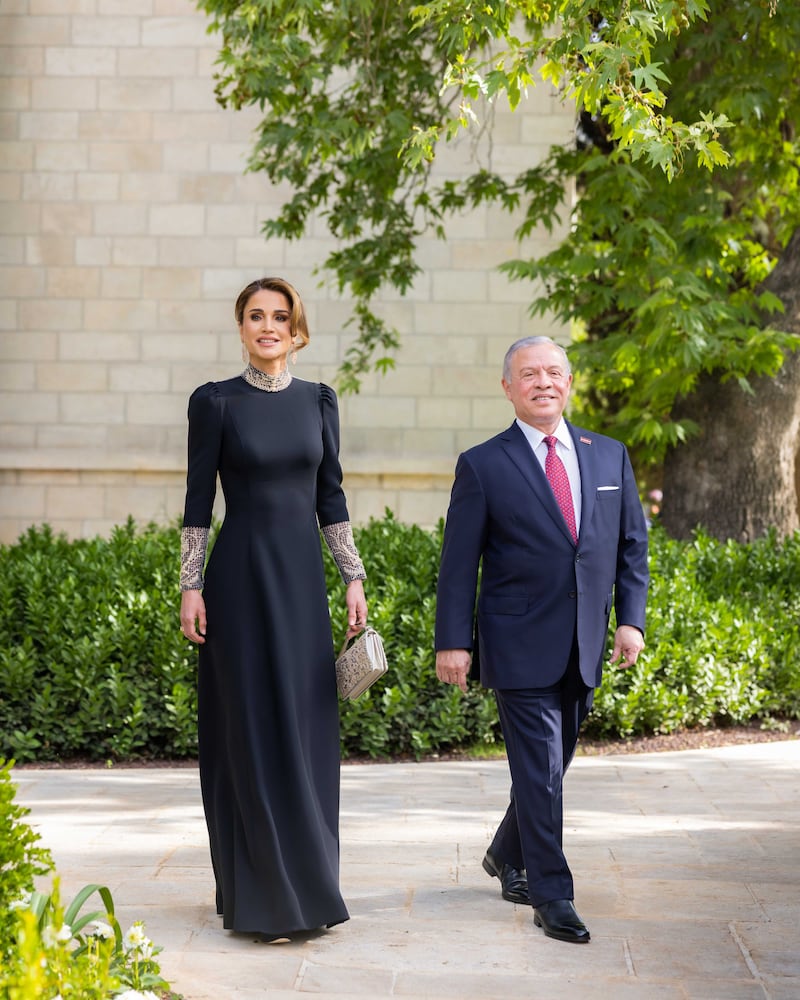 Jordan's King Abdullah II and Queen Rania arrive at the wedding on their son, Crown Prince Hussein and Princess Rajwa. All photos: Royal Hashemite Court