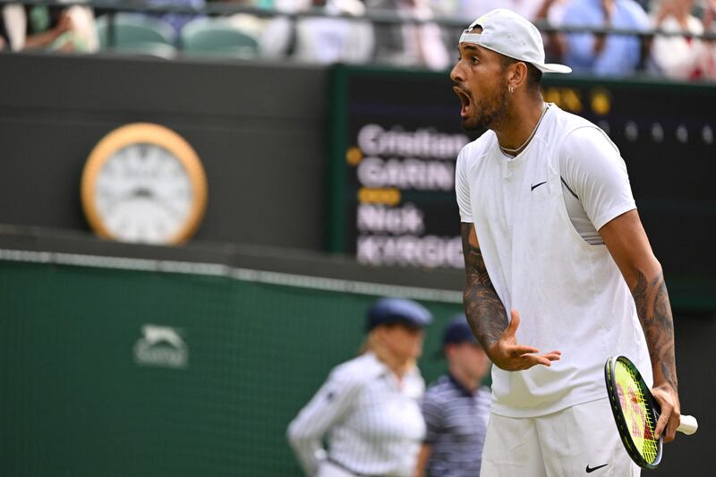 Australia's Nick Kyrgios reacts as he plays against Chile's Cristian Garin during their quarter-final match. AFP