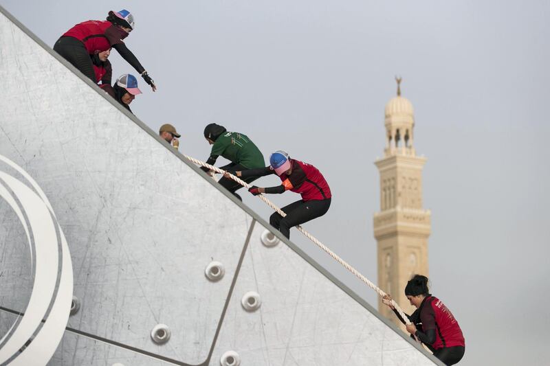DUBAI, UNITED ARAB EMIRATES - MAY 9, 2018. 

Rope climbing challenge at the first day of Dubai Government Games begins, with female government employees taking part in multiple physical challenges.

Set in motion by the Crown Prince of Dubai,  Sheikh Hamdan bin Mohammed, the event sees teams of Government workers pitted against each other in a bid to be Gov Games champions.

The competition is held on Kite Beach.

(Photo by Reem Mohammed/The National)

Reporter: Nawal Al Ramahi
Section: NA