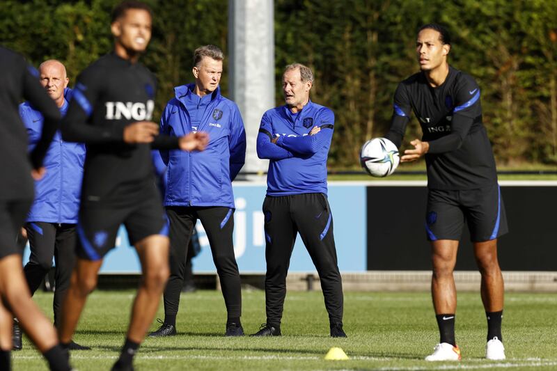 Netherlands manager Louis van Gaal and assistant coach Danny Blind watching the training session. EPA