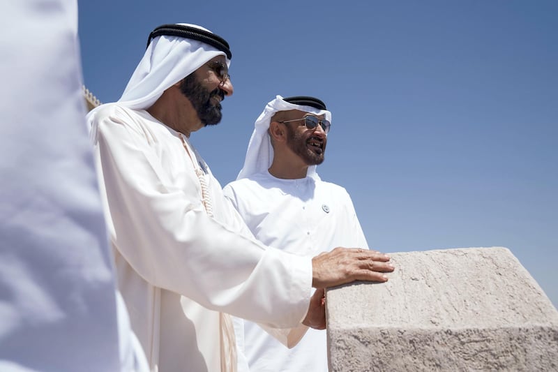 DUBAI, UNITED ARAB EMIRATES - March 20, 2018: HH Sheikh Mohamed bin Zayed Al Nahyan Crown Prince of Abu Dhabi Deputy Supreme Commander of the UAE Armed Forces (L), stands with HH Sheikh Mohamed bin Rashid Al Maktoum, Vice-President, Prime Minister of the  UAE, Ruler of Dubai and Minister of Defence (R), after witnessing the signing of a joint venture agreement between Aldar and Emaar, in Shindagha Heritage District. 

( Mohamed Al Hammadi / Crown Prince Court - Abu Dhabi )
---