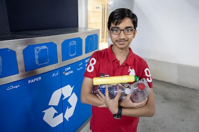 Rishabh Mittal recycled 500 plastic bottles in one month last year using a rewards app called ZeLoop. This provided his family with grocery discounts worth Dh1,000. Antonie Robertson / The National