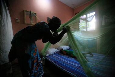 <p>A woman puts up a mosquito net over her child in Abidjan, Ivory Coast. World Malaria Day is observed on April 25 each year to recognise the global efforts to control the disease. Legnan Koula / EPA</p>
