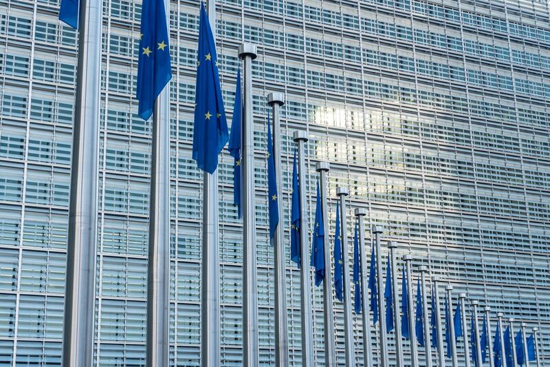 European Union flags at Berlaymont building of the European Commission in Brussels, Belgium