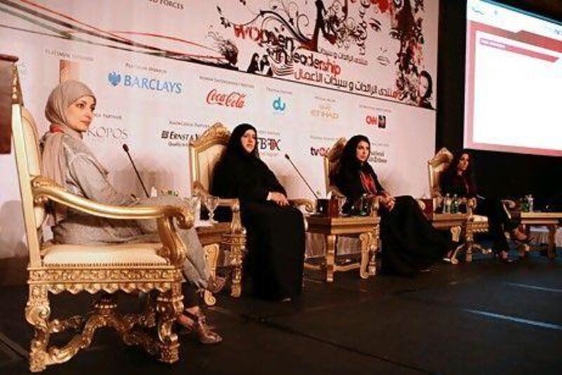 From left, Maha Al Baghli of Business and Professional Women, Kuwait, Azza Al Qubaisi, the vice chairman of the Abu Dhabi Business Women Council, Buthaina Al Ansari, the founder and chairman of Qatariat.org and Sarah Wadi, the head of business development and marketing, business banking group,  National Bank of Abu Dhabi, at the Women in Leadership Forum in Abu Dhabi last month. Fatima Al Marzouqi /  The National