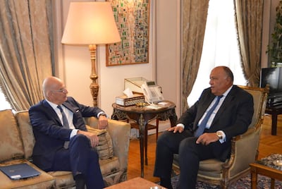 Egyptian Foreign Minister Sameh Shoukry, right, held talks in Cairo with his Greek counterpart Nikos Dendias. AFP