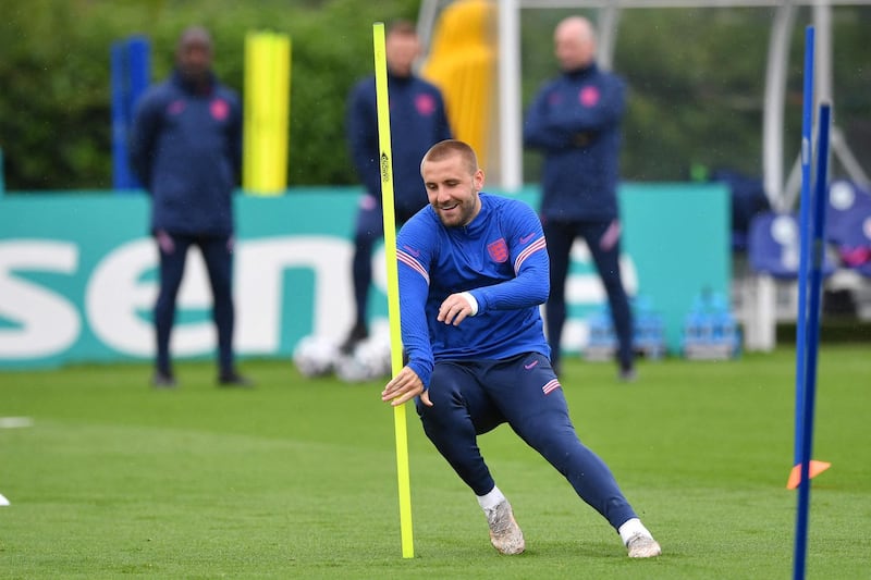England's defender Luke Shaw takes part in training. AFP