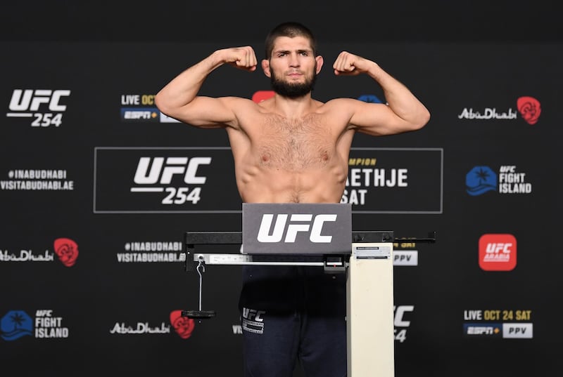 ABU DHABI, UNITED ARAB EMIRATES - OCTOBER 23: Khabib Nurmagomedov of Russia poses on the scale during the UFC 254 weigh-in on October 23, 2020 on UFC Fight Island, Abu Dhabi, United Arab Emirates. (Photo by Josh Hedges/Zuffa LLC)