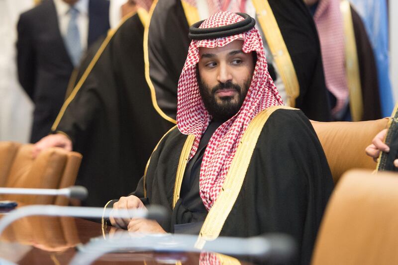 Prince Mohammed bin Salman attends a meeting with the United Nations Secretary-General Antonio Guterres (out of frame) at the United Nations on March 27, 2018 in New York. Bryan R Smith / AFP