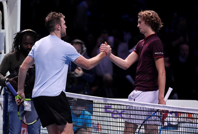 Tennis - ATP World Tour Finals - The O2 Arena, London, Britain - November 16, 2017   USA's Jack Sock with Germany's Alexander Zverev after winning their group stage match   REUTERS/Toby Melville