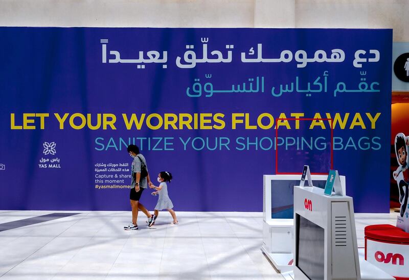 Abu Dhabi, United Arab Emirates, August 19, 2020.  
Yas Mall friendly reminder to sanitize shopping bags.
Victor Besa /The National
Section:  NA
Reporter:  Haneen Dajani