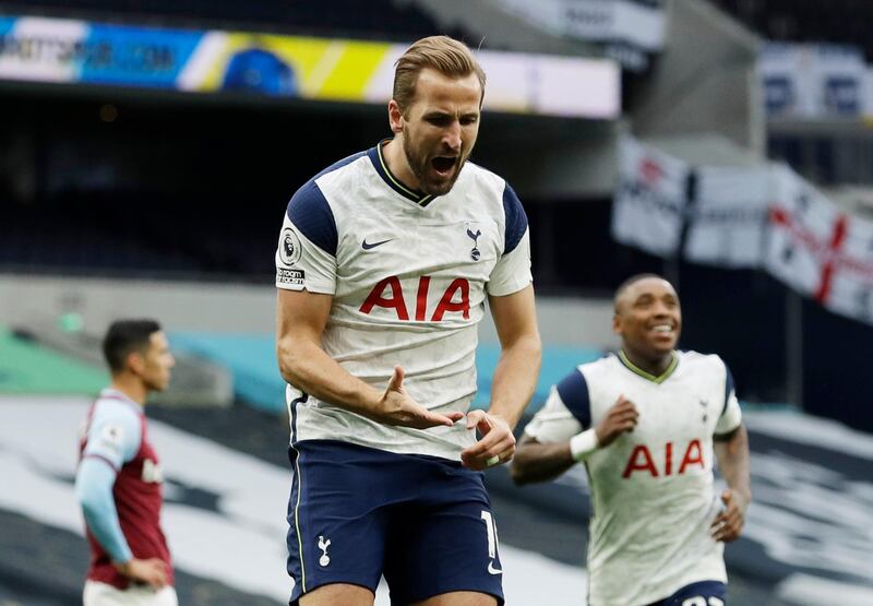 Soccer Football - Premier League - Tottenham Hotspur v West Ham United - Tottenham Hotspur Stadium, London, Britain - October 18, 2020  Tottenham Hotspur's Harry Kane celebrates scoring their second goal Pool via REUTERS/Matt Dunham EDITORIAL USE ONLY. No use with unauthorized audio, video, data, fixture lists, club/league logos or 'live' services. Online in-match use limited to 75 images, no video emulation. No use in betting, games or single club /league/player publications.  Please contact your account representative for further details.