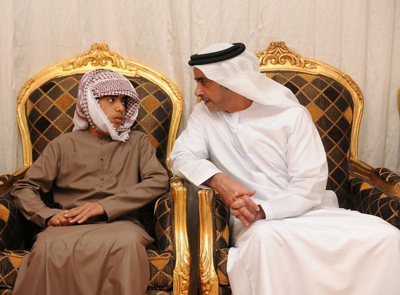Sheikh Saif offers his condolences while visiting the two families’ residences at Kalba, Sharjah and the Sarm Beltoween Area in Fujairah. Courtesy Security Media