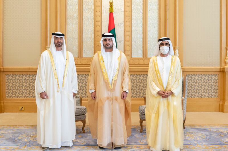 Sheikh Mohammed bin Rashid, Vice President, Prime Minister and Ruler of Dubai, and Sheikh Mohamed bin Zayed, Crown Prince of Abu Dhabi and Deputy Supreme Commander of the Armed Forces, with Sheikh Maktoum bin Mohammed, Deputy Prime Minister and Minister of Finance.