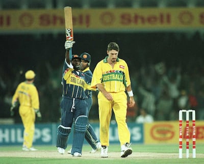 17 March 1996:  Aravinda De Silva of Sri Lanka celebrates after reaching his century during the Cricket World Cup Final between Australia and Sri Lanka played at the Gaddafi stadium in Lahore. Mandatory Credit: Shaun Botterill/ALLSPORT/Getty Images