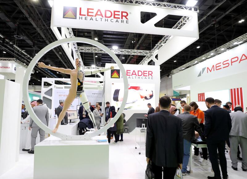 Dubai, United Arab Emirates - Reporter: Dan Sanderson: A model on display outside the Leader healthcare booth as thousands of people gather for the Arab Health conference. Monday, January 27th, 2020. World trade centre, Dubai. Chris Whiteoak / The National