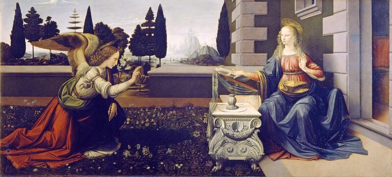 'Annunciation' (1472-75). The painting has been determined to be a collaboration between a young Da Vinci and his master, Andrea del Verrocchio. It is housed in the Uffizi Gallery in Florence, Italy