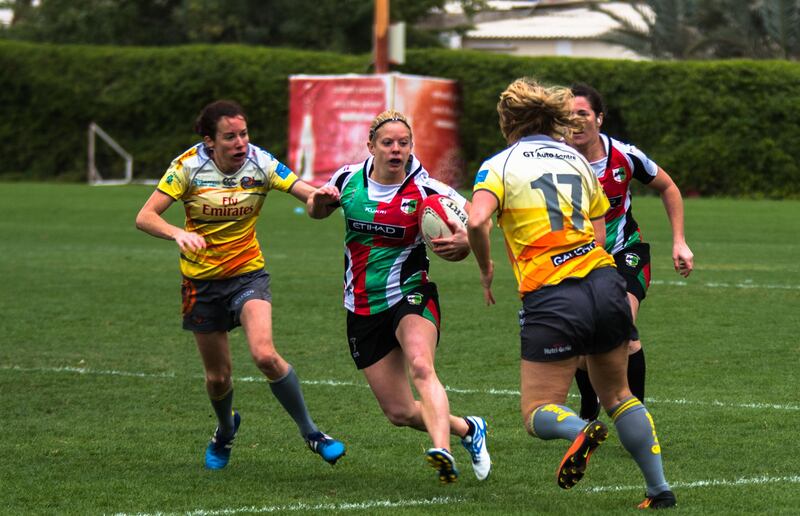 Abu Dhabi Harlequins, in action against Dubai Hurricanes at Sharjah Wanderers, will look to cement their position at the top of Arabian Gulf women's rugby when they play in the league's finals day today (Friday)

Courtesy Geraint Jones *** Local Caption ***  sp17fe-rugby.jpg