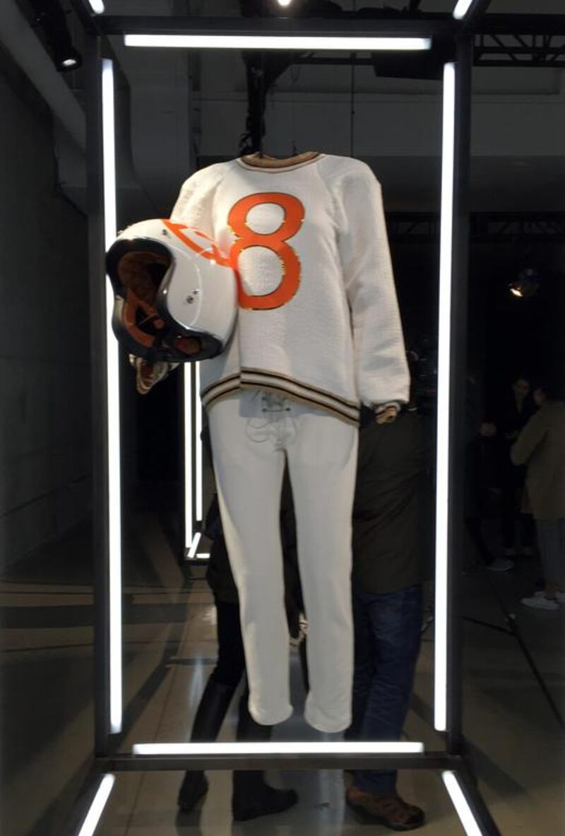 Cynthia Rowley gave a human character to the droid BB-8, putting the character in a white trousers, a sweatshirt with a big ‘8’ on it, and a round football-style helmet. Jocelyn Noveck / AP Photo