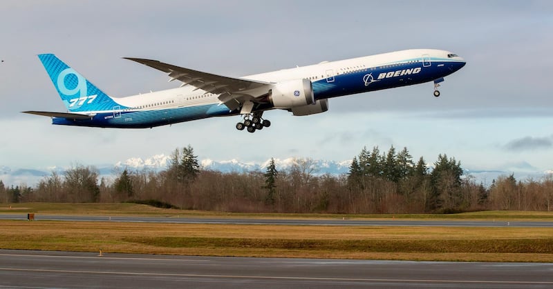 A Boeing 777X airliner lifts off for its first flight at Paine Field in Everett, Washington. AP
