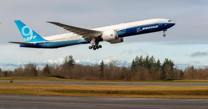 A Boeing 777X airliner lifts off for its first flight at Paine Field in Everett, Washington. AP