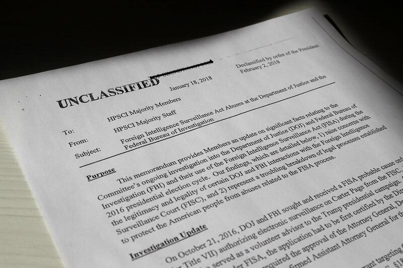 A copy of the formerly top secret classified memo written by House Intelligence Committee Republican staff and declassified for release by U.S. President Donald Trump is seen shortly after it was released by the committee in Washington, February 2, 2018.  REUTERS/Jim Bourg