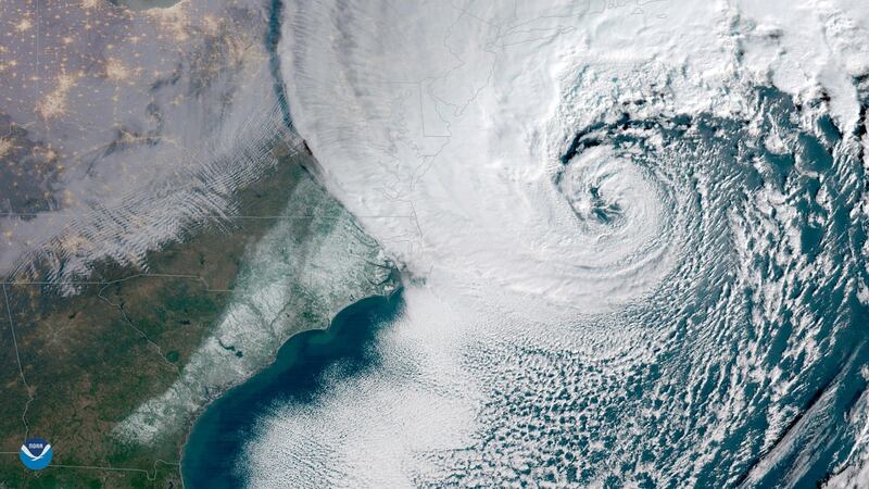 This satellite image provided by NOAA shows a powerful north-eastern winter storm moving up the US eastern seaboard. NOAA via AP