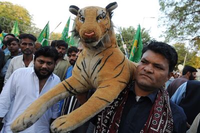 PML-N supporters wave the party's flags and display its symbol of a lion as they gather at Jinnah International Airport in late December. EPA