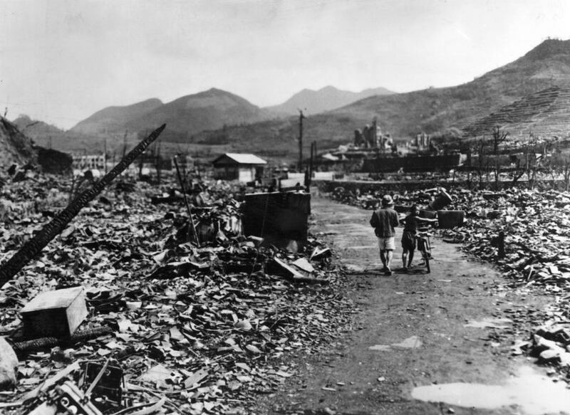 The ruins of Nagasaki after the atomic bomb called ‘Fat Man’ was dropped on the southern Japanese city on August 9, 1945, killing about 74,000 people. Hulton Archive / Getty Images