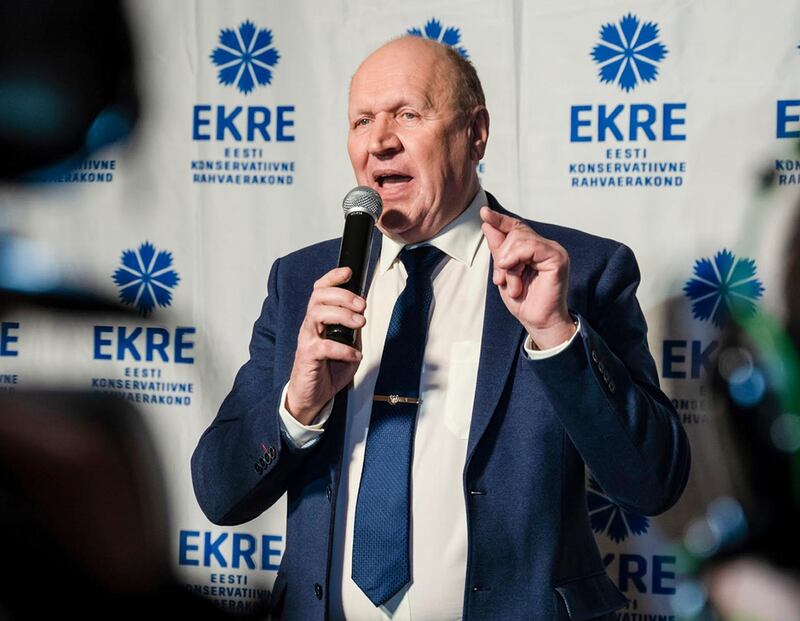 FILE - In this file photo dated Monday, March 4, 2019, Chairman of the Estonian Conservative People's Party (EKRE) Mart Helme speaks at the headquarters after parliamentary elections in Tallinn, Estonia.  The Estonian Conservative People's Party, or EKRE, said Saturday April 6, 2019, it will form a three-way majority government with the centrist Center Party and the conservative Fatherland party, and Mart Helme is expected to become Estonia's interior minister. (AP Photo/Tanel Meos, FILE)