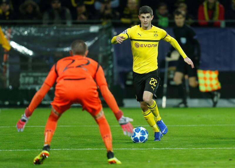 Soccer Football - Champions League - Group Stage - Group A - Borussia Dortmund v Club Brugge - Signal Iduna Park, Dortmund, Germany - November 28, 2018  Borussia Dortmund's Christian Pulisic in action   REUTERS/Leon Kuegeler