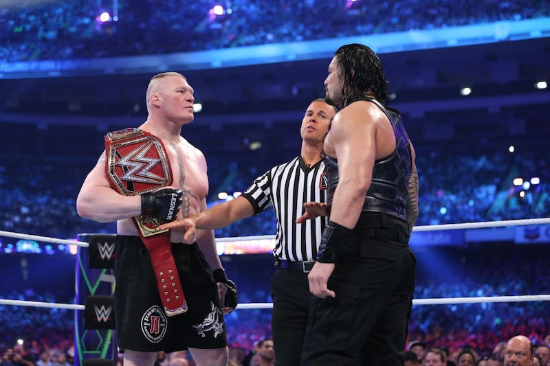 WWE Universal champion Brock Lesnar defends his title in a WrestleMania 34 rematch against Roman Reigns at the Greatest Royal Rumble in Saudi Arabia on Friday. Image courtesy of WWE