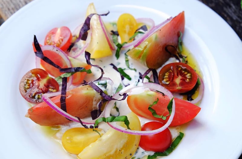 Heirloom tomato salad with fruit harvested six floors above your head.