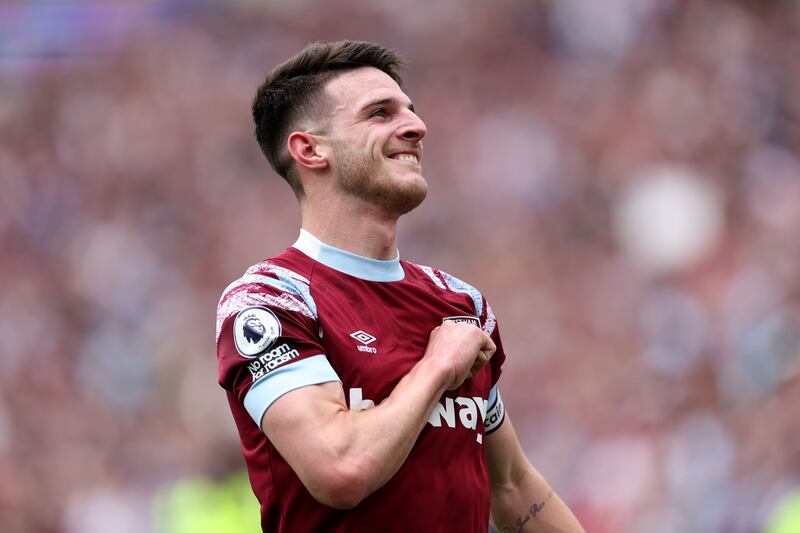 Declan Rice of West Ham celebrates after scoring their first goal. Getty 