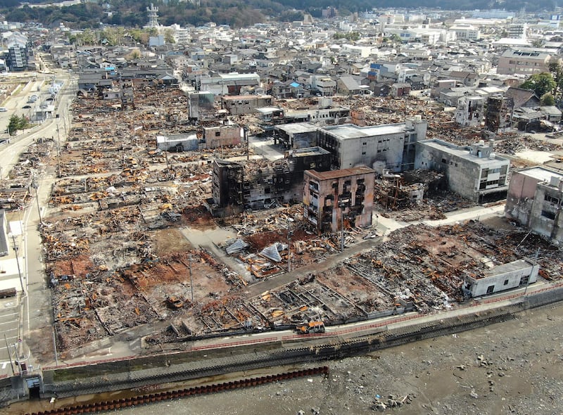 The aftermath of a fire in the Asaichi Dori area of Wajima, in Japan's Ishikawa prefecture, following a 7.5 magnitude earthquake.  AFP