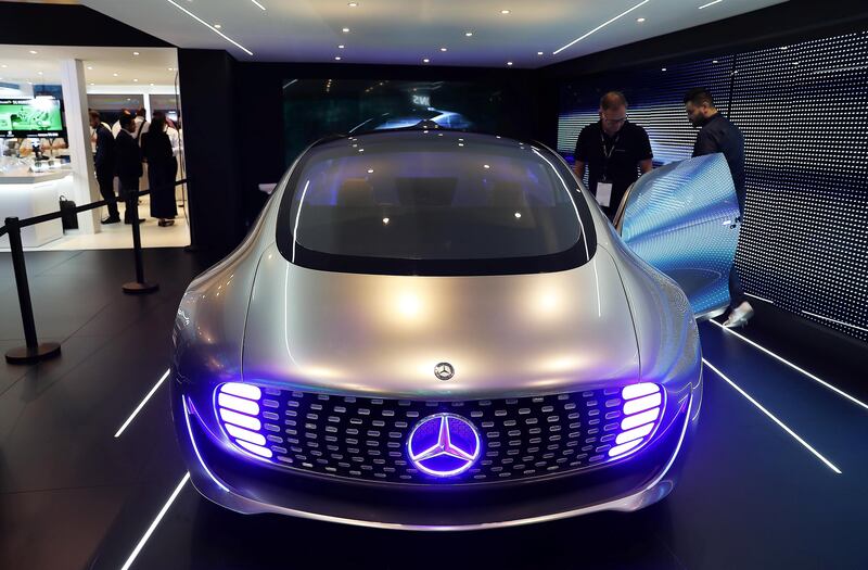 DUBAI , UNITED ARAB EMIRATES , OCT 10   – 2017 :- Mercedes- Benz F 015 car on display at the Etisalat stand during the GITEX Technology Week held at Dubai World Trade Centre in Dubai. (Pawan Singh / The National ) Story by Christian Nelson