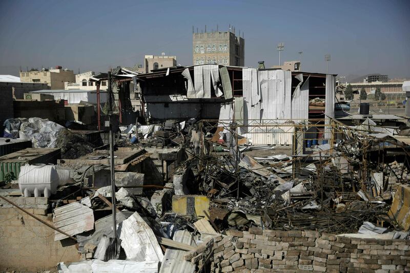 FILE - This April 10, 2019, file photo shows a view of the site of an airstrike by Saudi-led coalition in Sanaa, Yemen. President Donald Trump on Tuesday vetoed a bill passed by Congress to end U.S. military assistance in Saudi Arabia's war in Yemen. (AP Photo/Hani Mohammed, File)