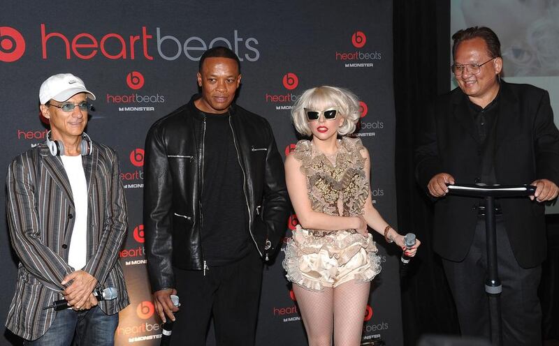 Interscope Geffen chairman Jimmy Iovine, Lady Gaga, producer Dr Dre and Monster Cable founder Noel Lee. Dimitrios Kambouris / WireImage
