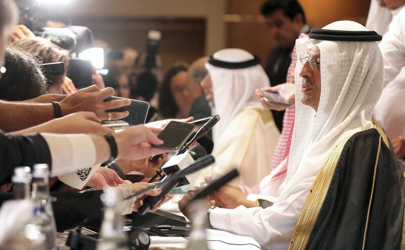 ABU DHABI ,  UNITED ARAB EMIRATES , SEPTEMBER 12 – 2019 :- Prince Abdul Aziz Bin Salman , Minister of Energy, Saudi Arabia talking to media after the Opec Joint Ministerial Monitoring Committee Meeting held at the Emirates Palace in Abu Dhabi. ( Pawan Singh / The National ) For Business. Story by Jennifer