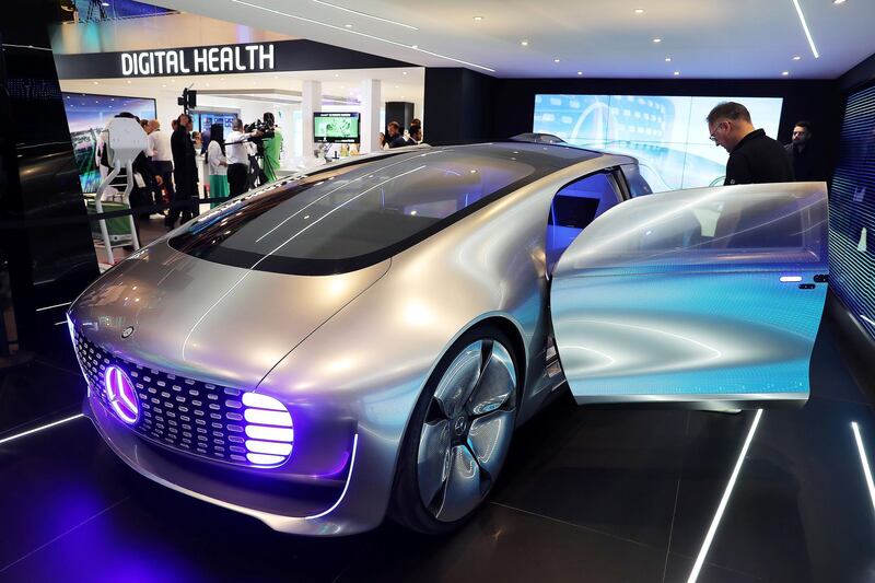 DUBAI , UNITED ARAB EMIRATES , OCT 10   – 2017 :- Mercedes- Benz F 015 car on display at the Etisalat stand during the GITEX Technology Week held at Dubai World Trade Centre in Dubai. (Pawan Singh / The National ) Story by Christian Nelson