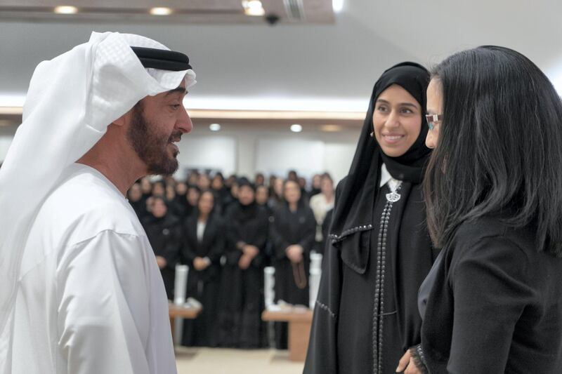 ABU DHABI, UNITED ARAB EMIRATES - May 23, 2018: HH Sheikh Mohamed bin Zayed Al Nahyan, Crown Prince of Abu Dhabi and Deputy Supreme Commander of the UAE Armed Forces (L) speaks with HE Hessa Essa Buhumaid, UAE Minister of Community Development (2nd L) and Angela Duckworth (R), prior to a lecture titled ‘True Grit: The Surprising, and Inspiring Science of Success’, at Majlis Mohamed bin Zayed.

( Rashed Al Mansoori / Crown Prince Court - Abu Dhabi )
—