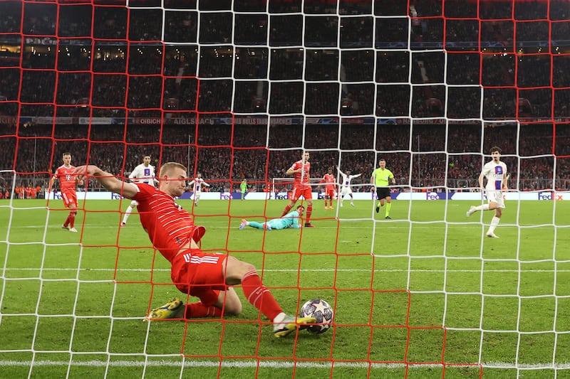 Bayern's Matthijs de Ligt makes a goalline clearance to deny Vitinha a goal for PSG. Getty