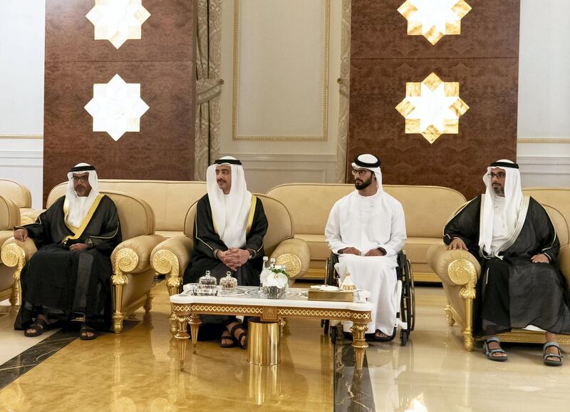 ABU DHABI, UNITED ARAB EMIRATES - November 13, 2019:  (R-L) HH Major General Sheikh Khaled bin Mohamed bin Zayed Al Nahyan, Deputy National Security Adviser, HH Sheikh Zayed bin Hamdan bin Zayed Al Nahyan, HH Sheikh Abdullah bin Zayed Al Nahyan UAE Minister of Foreign Affairs and International Cooperation and HH Sheikh Hamed bin Zayed Al Nahyan, Chairman of the Crown Prince Court of Abu Dhabi and Abu Dhabi Executive Council Member, receive HE Abdel Fattah El Sisi, President of Egypt (not shown), at the Presidential Airport.

( Mohamed Al Hammadi / Ministry of Presidential Affairs )
---