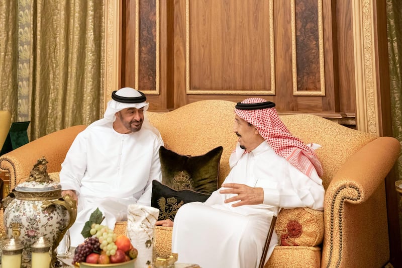 RIYADH, SAUDI ARABIA - April 16, 2019: HH Sheikh Mohamed bin Zayed Al Nahyan, Crown Prince of Abu Dhabi and Deputy Supreme Commander of the UAE Armed Forces (L) meets with HM King Salman Bin Abdulaziz Al Saud of Saudi Arabia and Custodian of the Two Holy Mosques (R), at Irqah Palace.

( Mohamed Al Hammadi / Ministry of Presidential Affairs )
---